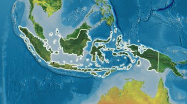 Endonezya sınır bölgesinin yakın planında bir topoğrafik haritada koyu bir örtüyle vurgulanıyor. Ana nokta. Ülke çapında parıltı. 