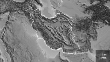 Gri tonlu bir haritada İran sınır bölgesinin yakın çekimleri. Ana nokta. Ülke çapında bir taslak oluşturun. Ülkenin ve başkentinin İngilizce adı