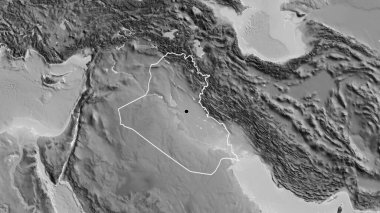 Irak sınır bölgesinin yakın çekimleri gri tonlu bir haritada. Ana nokta. Ülke şekli etrafında özet geç. 