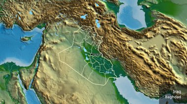Fiziksel haritada Irak sınırına ve bölgesel sınırlarına yakın çekim. Ana nokta. Ülke çapında bir taslak oluşturun. Ülkenin ve başkentinin İngilizce adı
