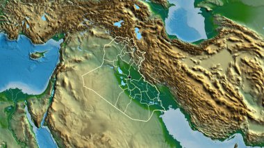 Fiziksel haritada Irak sınırına ve bölgesel sınırlarına yakın çekim. Ana nokta. Ülke şekli etrafında özet geç. 