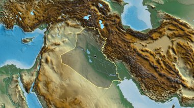 Irak sınır bölgesinin yakın çekimleri bir yardım haritasında koyu bir örtüyle vurgulanıyor. Ana nokta. Ülke şekli etrafında özet geç. 