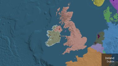 İdari bir haritada İrlanda sınır bölgesinin yakın çekimleri. Ana nokta. Ülke çapında bir taslak oluşturun. Ülkenin ve başkentinin İngilizce adı