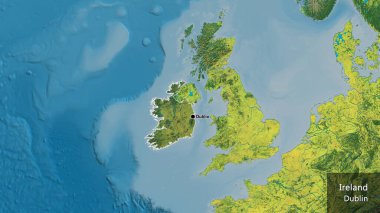 İrlanda sınır bölgesinin yakın çekimleri, topoğrafik haritada koyu bir örtüyle vurgulanıyor. Ana nokta. Ülke çapında bir taslak oluşturun. Ülkenin ve başkentinin İngilizce adı