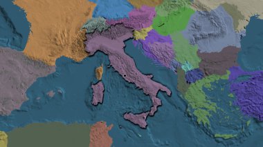 İdari harita üzerinde koyu bir örtüyle ön plana çıkan İtalya sınır bölgesinin yakın çekimi. Ana nokta. Ülkenin kıvrımlı kenarları. 