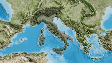 İtalya sınır bölgesinin yakın çekimleri, uydu haritasında koyu bir örtüyle vurgulanıyor. Ana nokta. Ülkenin kıvrımlı kenarları. 