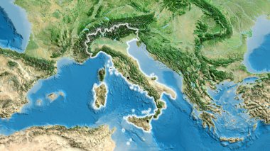 İtalya 'nın sınır bölgesinin uydu haritasında yakın plan görüntüsü. Ana nokta. Ülke çapında parıltı. 