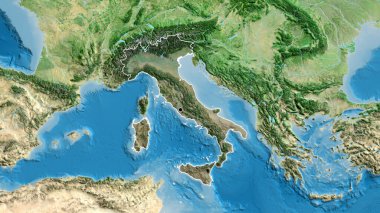 İtalya sınır bölgesinin yakın çekimleri, uydu haritasında koyu bir örtüyle vurgulanıyor. Ana nokta. Ülke şekli etrafında özet geç. 