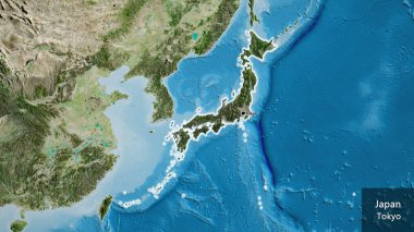 Japon sınır bölgesinin yakın çekimleri, uydu haritasında koyu bir örtüyle vurgulanıyor. Ana nokta. Ülke çapında parıldıyor. Ülkenin ve başkentinin İngilizce adı