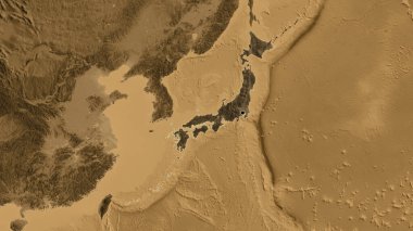 Japon sınır bölgesinin yakınından, sepia yükseklik haritasında koyu bir örtüyle vurgulanıyor. Ana nokta. Ülke şekli etrafında özet geç. 