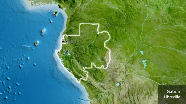 在卫星地图上对加蓬边境地区进行了近距离调查 资本点 风靡全国各地 国家及其首都的英文名称 — 图库照片