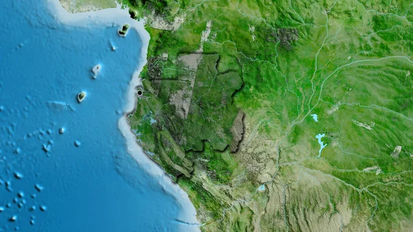 Gabon sınır bölgesinin uydu haritasında koyu bir örtüyle ışıklandırılmış hali. Ana nokta. Ülkenin kıvrımlı kenarları. 