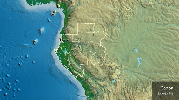 ガボン国境地域とその地域の境界線の物理的な地図上のクローズアップ 資本ポイント 国の形の周りの概要 英名国とその首都 — ストック写真