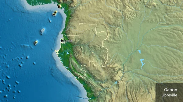 Gabon sınır bölgesinin fiziksel bir haritada yakın plan görüntüsü. Ana nokta. Ülke çapında bir taslak oluşturun. Ülkenin ve başkentinin İngilizce adı