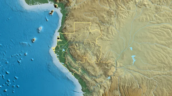 在一张救济地图上对加蓬边境地区及其区域边界进行了密切监视 资本点 国家形貌概述 — 图库照片