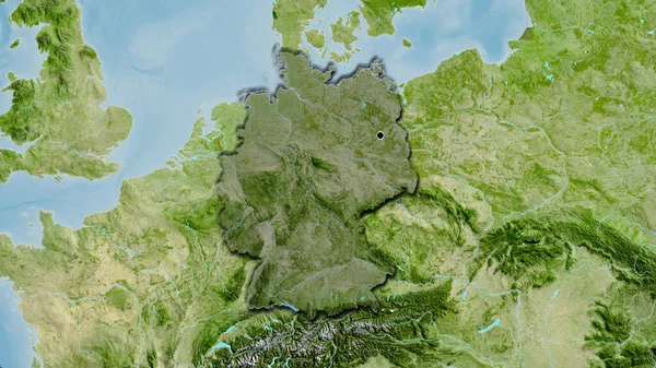 德国边境地区的特写镜头 用卫星地图上的黑暗覆盖突出显示 资本点 国家形状的斜边 — 图库照片
