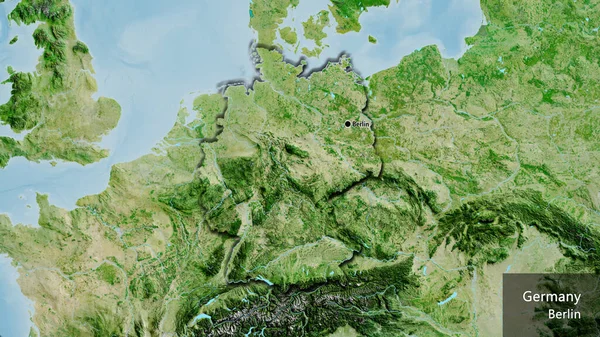 卫星地图上德国边境地区的特写 资本点 这个国家的边缘呈斜角状 国家及其首都的英文名称 — 图库照片