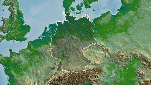 Close Germany Border Area Highlighting Dark Overlay Physical Map Capital — Stock Photo, Image
