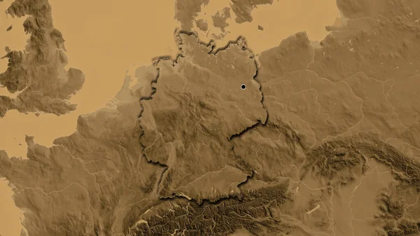 Close Área Fronteira Alemanha Mapa Elevação Sépia Ponto Capital Bordas — Fotografia de Stock