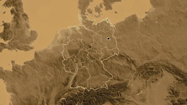 Närbild Tysklands Gränsområde Och Dess Regionala Gränser Karta Över Sepiahöjder — Stockfoto
