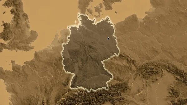 Zbliżenie Strefy Przygranicznej Niemiec Ciemną Powłoką Mapie Wysokości Sepii Główny — Zdjęcie stockowe