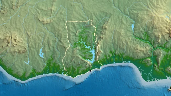 在一张实景地图上对加纳边境地区进行的密切监视 资本点 国家形貌概述 — 图库照片