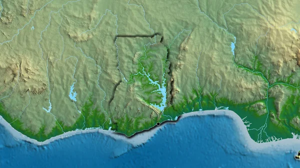 物理的な地図上のガーナ国境地域のクローズアップ 資本ポイント 国の形の縁が隠されている — ストック写真