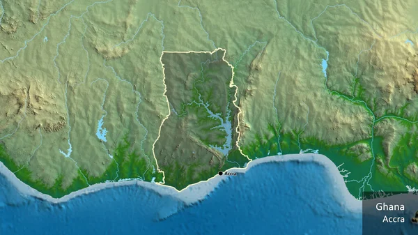 Närbild Gränsområdet Ghana Med Ett Mörkt Överdrag Fysisk Karta Huvudpunkt — Stockfoto