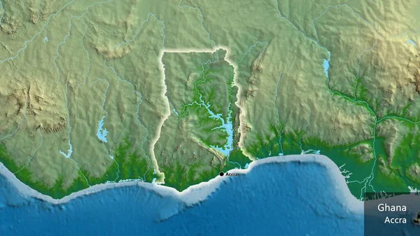 物理的な地図上のガーナ国境地域のクローズアップ 資本ポイント 国の形の周りに光る 英名国とその首都 — ストック写真