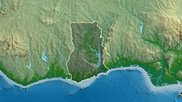 物理的な地図上の暗いオーバーレイで強調ガーナ国境地域のクローズアップ 資本ポイント 全国の概要 — ストック写真