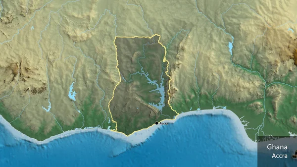 Närbild Gränsområdet Ghana Med Ett Mörkt Överdrag Reliefkarta Huvudpunkt Runt — Stockfoto