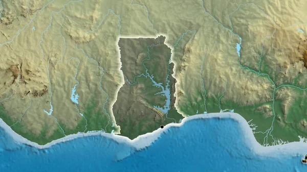 Närbild Gränsområdet Ghana Med Ett Mörkt Överdrag Reliefkarta Huvudpunkt Glow — Stockfoto
