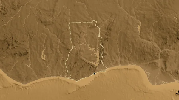 セピア標高地図上のガーナ国境地域の閉鎖 資本ポイント 全国の概要 — ストック写真