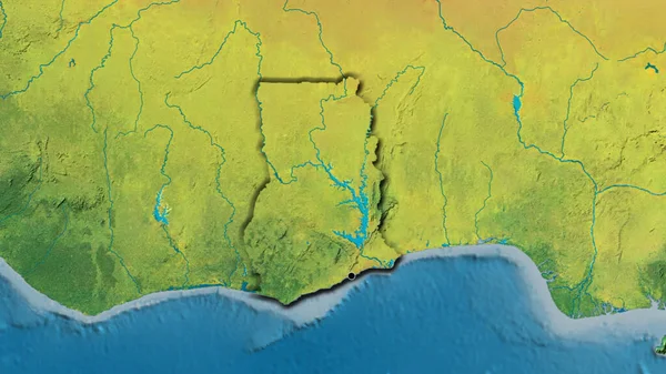 在一张地形图上对加纳边境地区进行了密切监视 资本点 国家形状的斜边 — 图库照片