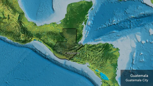 グアテマラ国境地域のクローズアップは 地形図上の暗いオーバーレイで強調表示されます 資本ポイント 国の形の縁が隠されています 英名国とその首都 — ストック写真