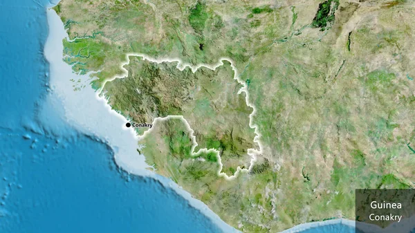 Крупный План Приграничной Зоны Гвинеи Спутниковой Карте Отличный Момент Светится — стоковое фото