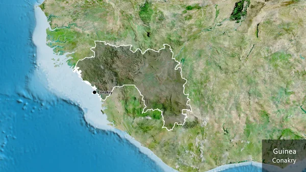 Närbild Guineas Gränsområde Med Mörk Överlagring Satellitkarta Huvudpunkt Runt Landet — Stockfoto