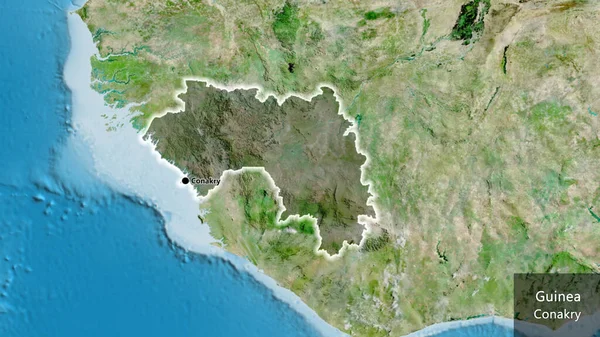 Närbild Guineas Gränsområde Med Mörk Överlagring Satellitkarta Huvudpunkt Glow Runt — Stockfoto