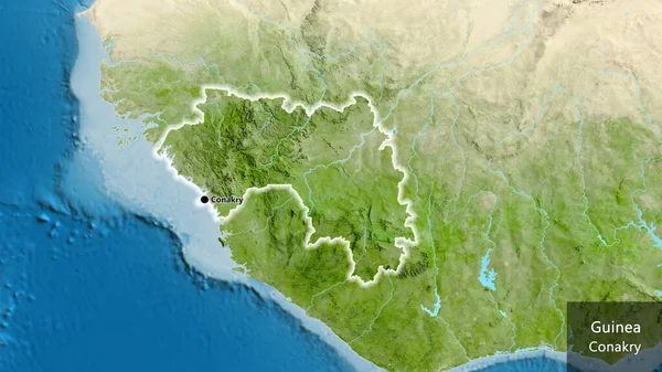 在卫星地图上对几内亚边境地区进行了密切监视 资本点 风靡全国各地 国家及其首都的英文名称 — 图库照片