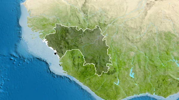 衛星地図上の暗いオーバーレイで強調ギニア国境地域のクローズアップ 資本ポイント 全国の概要 — ストック写真