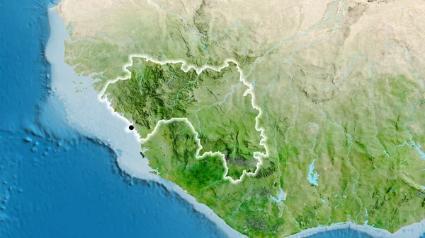 Närbild Guineas Gränsområde Satellitkarta Huvudpunkt Glow Runt Landet Form — Stockfoto
