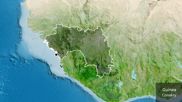 Närbild Guineas Gränsområde Med Mörk Överlagring Satellitkarta Huvudpunkt Runt Landet — Stockfoto