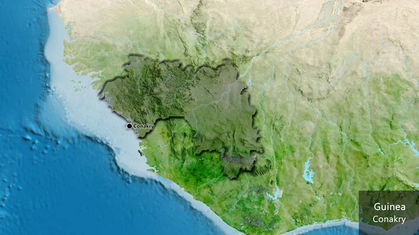 Zbliżenie Obszaru Przygranicznego Gwinei Ciemną Pokrywą Mapie Satelitarnej Główny Punkt — Zdjęcie stockowe
