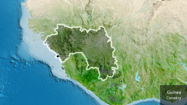 Närbild Guineas Gränsområde Med Mörk Överlagring Satellitkarta Huvudpunkt Glow Runt — Stockfoto