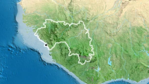 在卫星地图上对几内亚边境地区进行了密切监视 资本点 风靡全国 — 图库照片