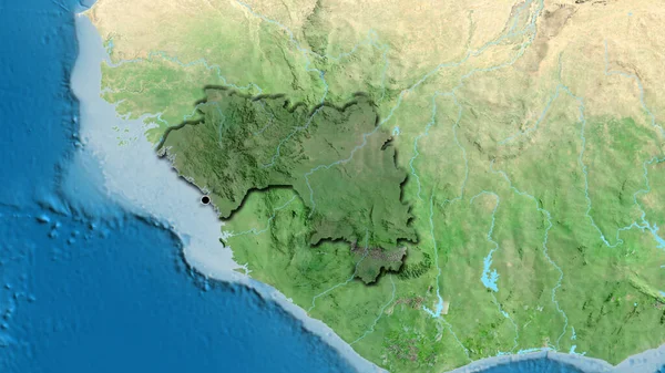 Närbild Guineas Gränsområde Med Mörk Överlagring Satellitkarta Huvudpunkt Skalade Kanter — Stockfoto