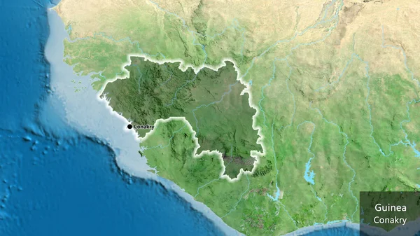 Zbliżenie Obszaru Przygranicznego Gwinei Ciemną Pokrywą Mapie Satelitarnej Główny Punkt — Zdjęcie stockowe