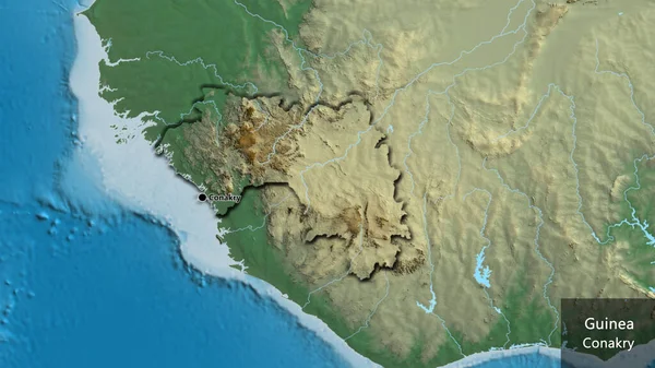 救援地図上のギニア国境地域の閉鎖 資本ポイント 国の形の縁が隠されています 英名国とその首都 — ストック写真