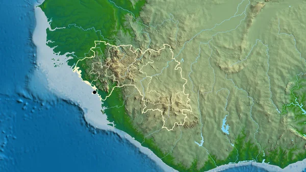 ギニア国境地域とその地域の境界線の物理的な地図上のクローズアップ 資本ポイント 全国の概要 — ストック写真