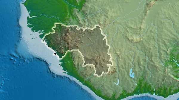 Närbild Guineas Gränsområde Med Ett Mörkt Överdrag Fysisk Karta Huvudpunkt — Stockfoto